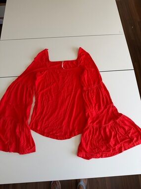 Free People Tomato Red Bell Sleeve Square Neck Top L